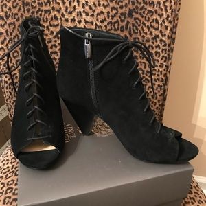 Vince Camuto Lace Up Peep Toe Suede Booties
